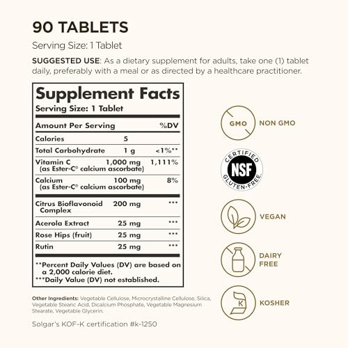 Solgar Ester-C Plus 1000 mg Vitamin C (Ascorbate Complex), 90 Tablets - Gentle On The Stomach & Non Acidic - Antioxidant & Immune System Support - No