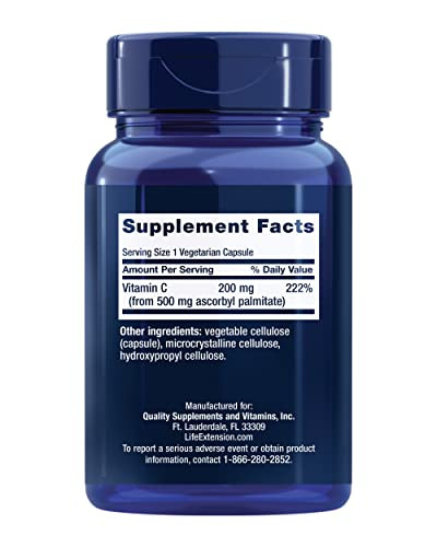 Life Extension Ascorbyl Palmitate 500mg  Fat-Soluble Vitamin C Supplement for Immune Support and Longevity  Water-Soluble Gluten-Free, Non-GMO, Veg