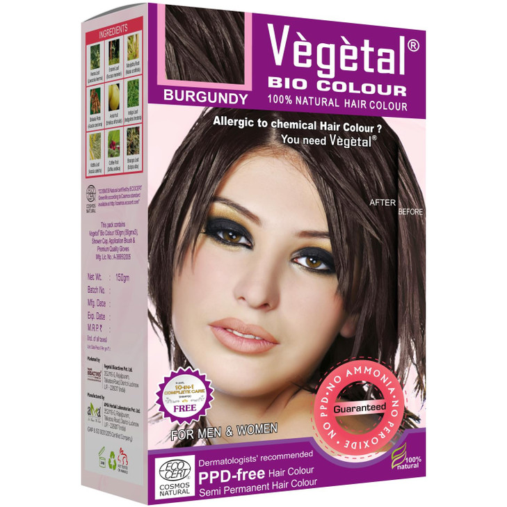 Vegetal Bio Colour Burgundy 150g, 100% Herbal and Organic Hair Color, Ammonia-Free, PPD-Free, Semi-Permanent Dye for Men and Women, Protects UV and M