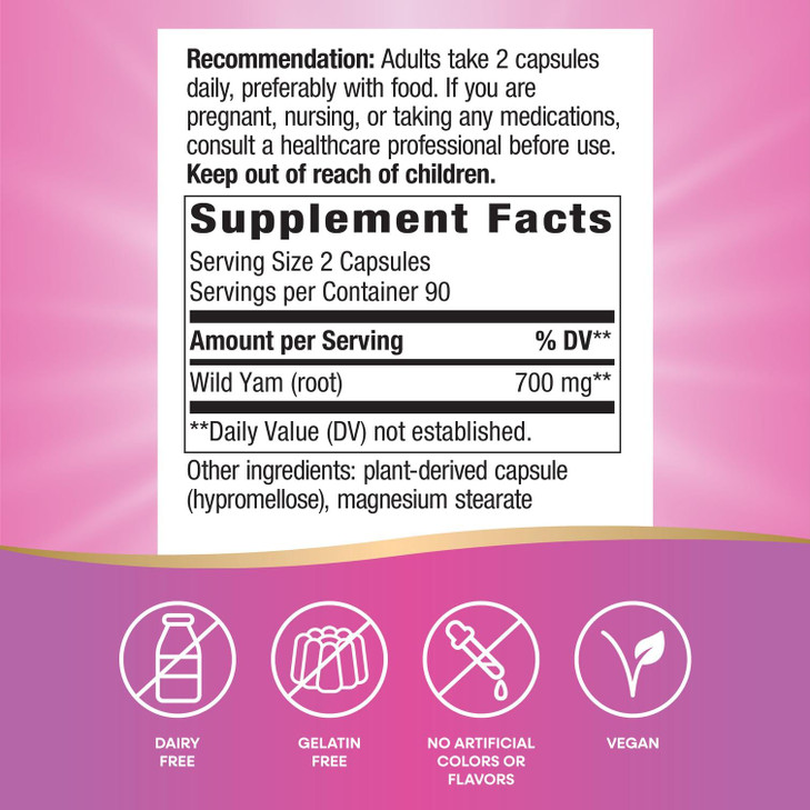 Nature's Way Wild Yam Root, Women's Traditional Health Support*, 700 mg per 2-Capsule Serving, Non-GMO Project Verified, 180 Vegan Capsules (Packagin