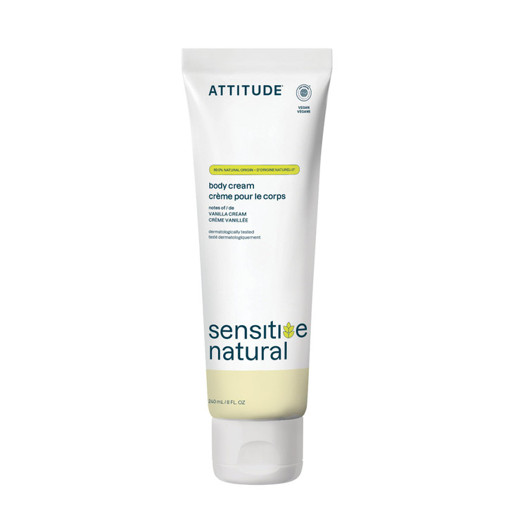 ATTITUDE Body Cream for Sensitive Skin with Oat, EWG Verified, Dermatologically Tested, Vegan, Vanilla Cream Scent, 8 Fl Oz