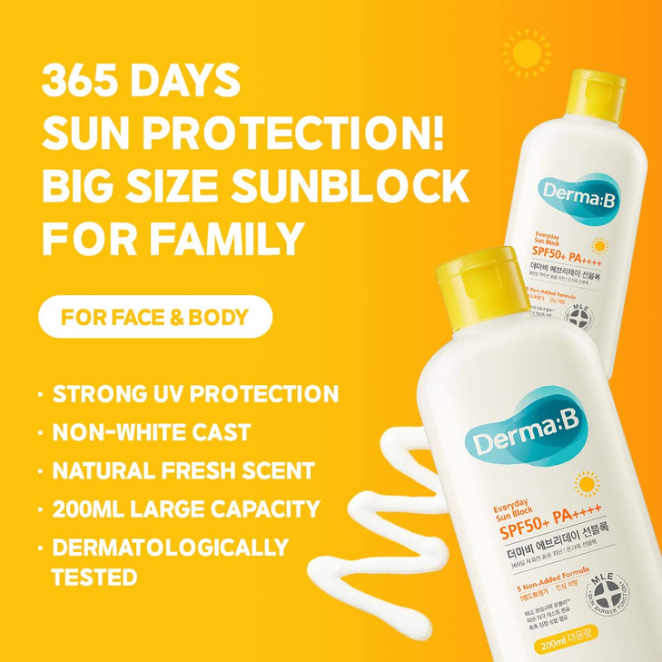 Derma B Everyday Sun Block Large Size Sunscreen SPF50+ PA++++ 6.71 Fl Oz, 200ml Fast-Absorbing Lightweight SPF Moisturizer, Facial Body Non-Sticky fo