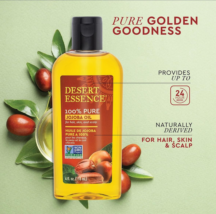 Desert Essence 100% Pure Jojoba Oil  4 Fl Oz Moisturizer for Hair, Skin & Scalp | Makeup Remover & Aftershave Hydrator, Non-GMO, Vegan, Cold-Pressed
