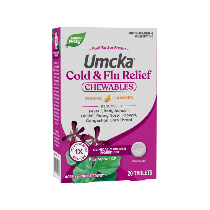 Nature's Way Umcka Cold and Flu Relief, Shortens Duration & Reduces Severity, Multi-Symptom Relief, Homeopathic, Non-Drowsy, Orange Flavored, 20 Chew