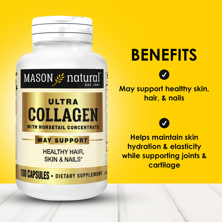 MASON NATURAL Ultra Collagen Capsules, 100% Pure Hydrolyzed Collagen Supplement for Healthy Skin, Hair, Nails & Joints, 100 Count, 50 Day Supply