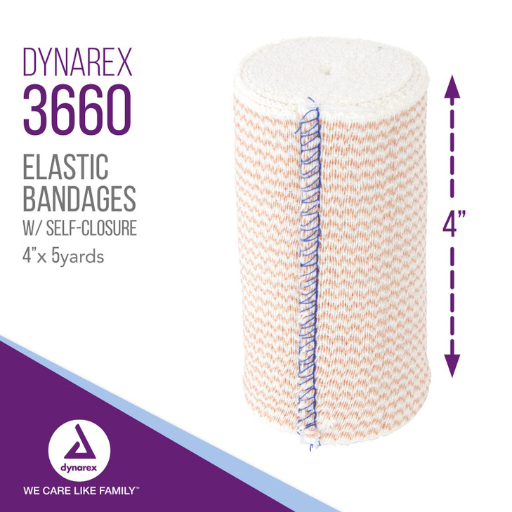 Dynarex Elastic Bandages with Self-Closure, 4" x 5 yds, Provides Compression for Injuries, Made from Polyester, Cotton, and Spandex, Non-Sterile and
