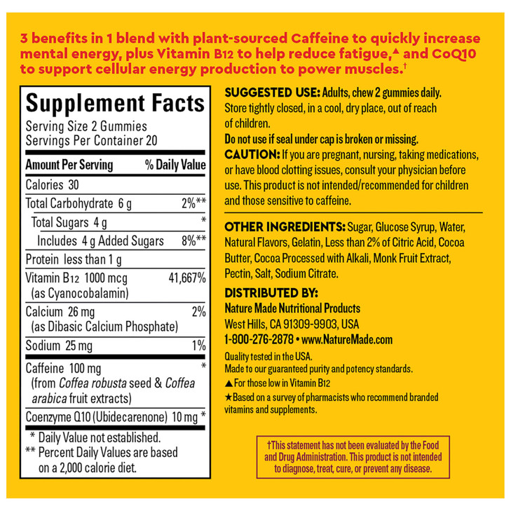 Nature Made Wellblends EnergyMAX Gummies, Fast Acting Caffeine, CoQ10 & Vitamin B12 1000mcg, Energy Support Gummy Vitamins, Nature Made Gummies, 40 C