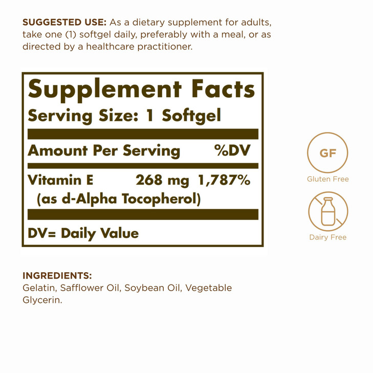 Solgar Vitamin E 268 mg (400 IU) - 100 Softgels - Naturally-Sourced Vitamin E as d-Alpha Tocopherol - Gluten Free, Dairy Free - 100 Servings
