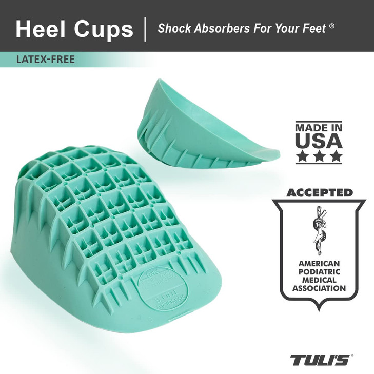 Tuli's Heavy Duty Heel Cups, Shock-Absorbing Cushion Insert for Plantar Fasciitis, Severs Disease, and Heel Pain, Made in The USA, Green, 1 Pair, La