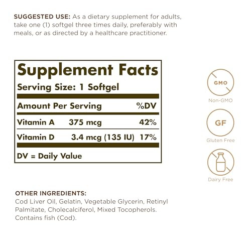 Solgar Cod Liver Oil - 100 Softgels, Pack of 2 - Provides Vitamins A & D - Non-GMO, Gluten Free - 200 Total Servings