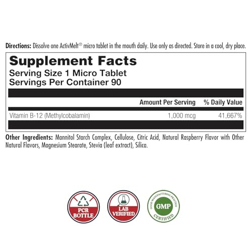 KAL Vitamin B12 Methylcobalamin 1000mcg, Healthy Energy, Metabolism, Nerve & Red Blood Cell Support,* Fast Dissolve ActivMelt, Optimal Absorption, Na
