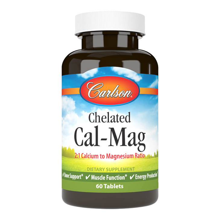 Carlson - Chelated Cal-Mag, 2:1 Calcium to Magnesium Ratio, Bone Support, Muscle Function & Energy Production, 60 Tablets