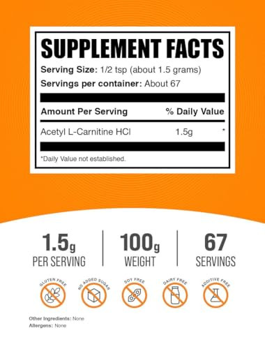 BulkSupplements.com Acetyl L-Carnitine Powder - as ALCAR HCl, Carnitine Supplement - Gluten Free, 1.5g per Serving, 100g (3.5 oz) (Pack of 1)