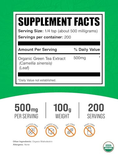 BulkSupplements.com Organic Green Tea Extract Powder - Organic Green Tea Powder, Polyphenols Supplement - Vegan & Gluten Free, 500mg per Serving, 100