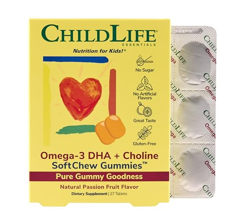 CHILDLIFE ESSENTIALS Omega-3 DHA + Choline SoftChew Gummies for Kids - Omega 3 & DHA Gummies with Choline, Fish Oil for Babies, Toddlers & Children -