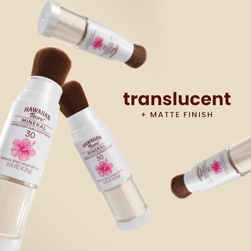 Hawaiian Tropic Mineral Powder Sunscreen Brush SPF 30 | Beach Essentials, Zinc Oxide Mineral Sunscreen Powder SPF, Face Sunblock Travel Size, Brush O