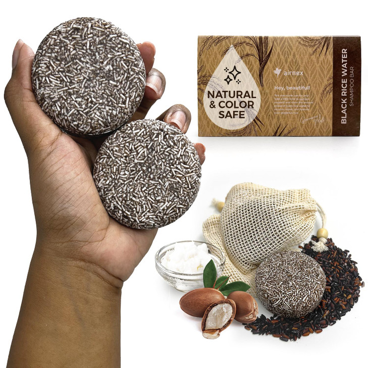 AIRNEX Black Rice Water Shampoo - Fermented Rice Water, Argan Oil & Murumuru Butter for Hair Growth, Moisture & Shine - Set of 2 Bars + Cotton Bags -