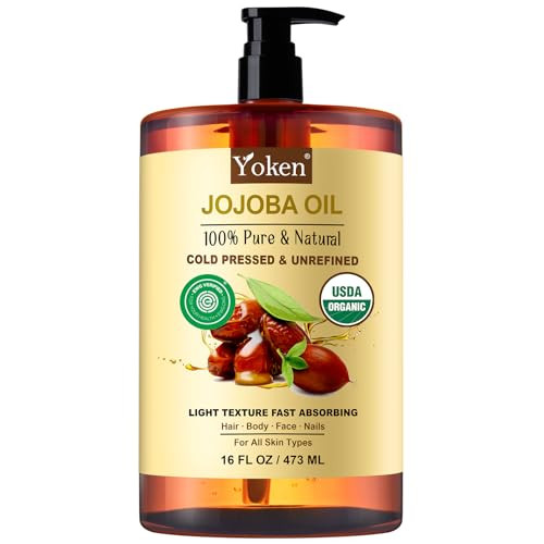 Yoken Pure Jojoba Oil Organic USDA Certified 16 fl oz, 100% Natural Jojoba Oil for Hair, Skin & Face, Cold Pressed Unrefined, Deeply Body Moisturizer