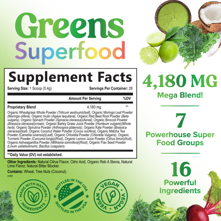 Greens Powder Superfood - Premium Organic Super Greens Juice Powder - Packed with Probiotics, Wheat Grass, Enzymes, Spirulina, Chlorella for Digestiv