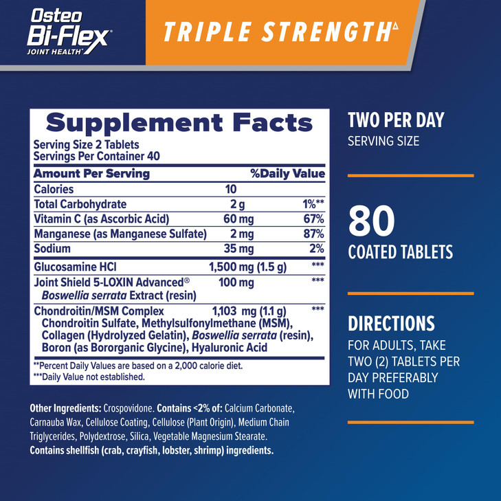 Osteo Bi-Flex Triple Strength, Glucosamine Chondroitin with Vitamin C Joint Health Supplement, Coated Tablets, 80 Count