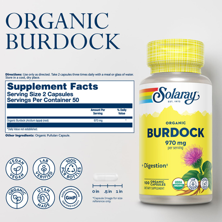 SOLARAY Organic Burdock Root 970 mg - Digestive Support Supplement - USDA Burdock Root Organic - Vegan, Lab Verified, 60-Day Money-Back Guarantee - 5