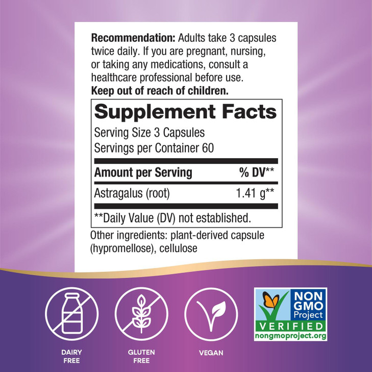 Nature's Way Astragalus Root, Traditional Immune Support*, 1,410 mg per 3-Capsule Serving, Non-GMO Project Verified, Vegan 180 Capsules (Packaging Ma