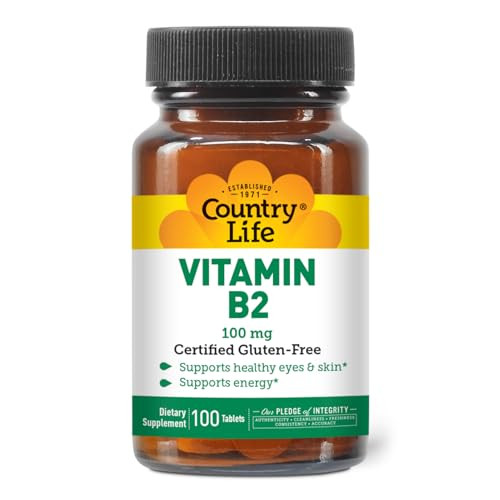 Country Life Vitamin B2 100mg Riboflavin Supplement  Boosts Energy Production & Supports Cell Function, Gluten-Free, Vegan, Kosher, Halal  no prese
