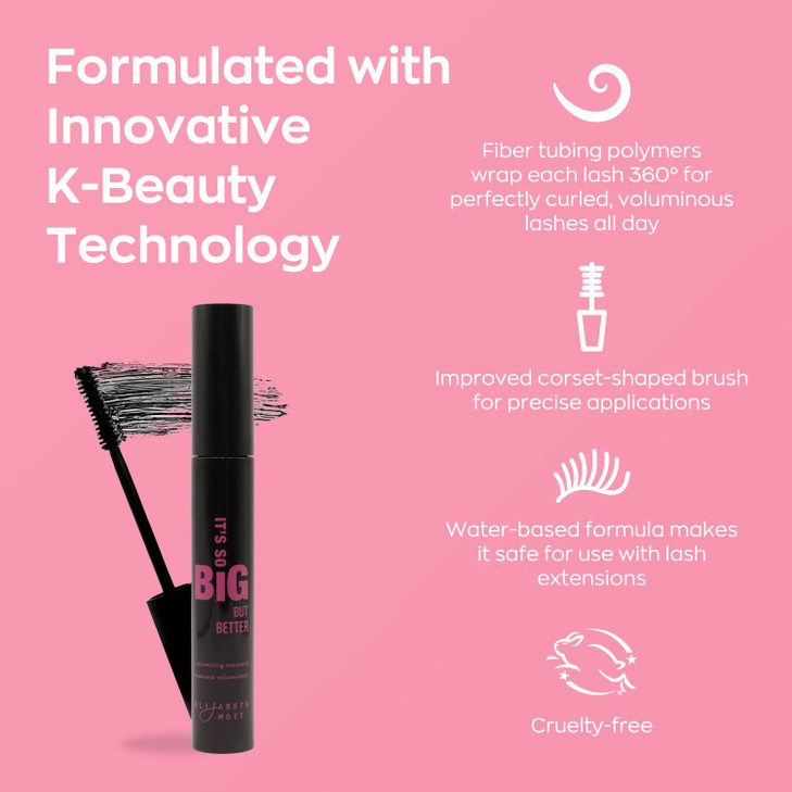 Elizabeth Mott Black Volumizing Mascara  Smudge-Proof, Lengthening Fiber Formula, Hourglass Wand  Clump-Free, Water-Resistant & Cruelty-Free  Safe