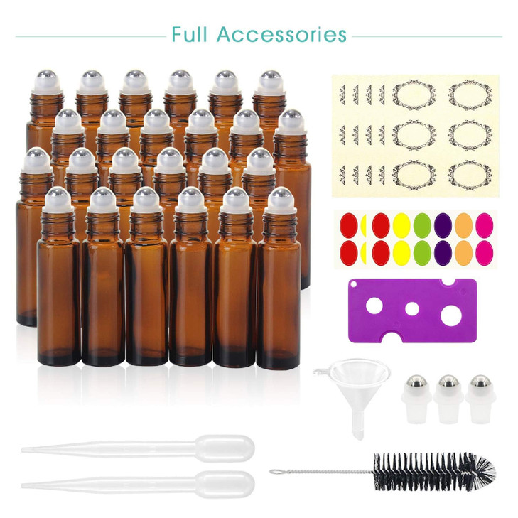 Mavogel Essential Oil Roller Bottles - 24 Pack 5ml Pearl Colored Glass Bottles with Stainless Steel Roller Ball, Essential Oil Key Opener and Dropper