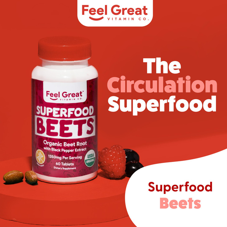 Feel Great Vitamins Organic Beet Root Powder Supplements (Tablets) | Beets Nitric Oxide Supplement | Red Beet Powder Support Healthy Circulation with