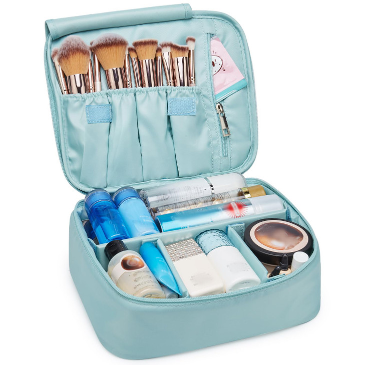 Narwey Travel Makeup Bag with Brush Compartments?Portable Cosmetic Bag?Make up Bag Makeup Organizer Case with Brush Storage for Women (Sky Blue)