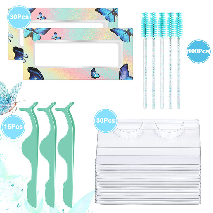 175 Pieces Lash Packaging Wholesale, Include 30 Empty Eyelashes Packaging Box, 30 False Lash Trays, 15 Eyelash Tweezers and 100 Eyelash Brush Mascara