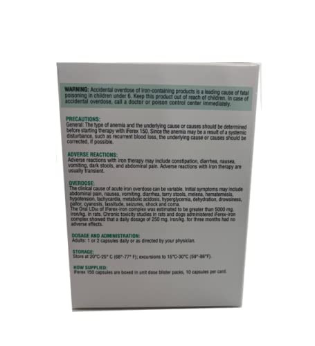 iFerex 150 Polysaccharide Iron Complex Capsules by Ziks - 10 x 10 Unit dose Blister Pack- 100 Capsules