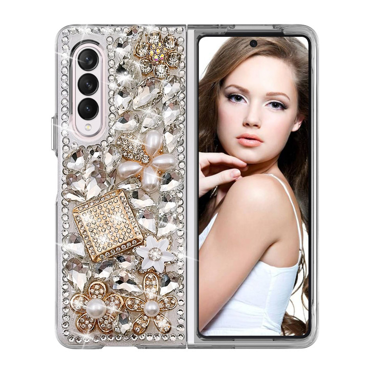 Omio for Galaxy Z Fold 3 5G Case, 3D Handmade Sparkle Stunning Stones Crystal Rhinestones Diamond Bling Glitter Hard PC Phone Cover for Women Girls,