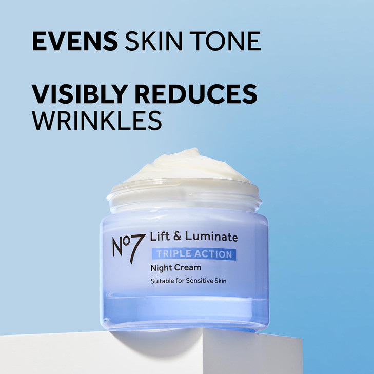 No7 Lift and Luminate Triple Action Fragrance-Free Night Cream  Anti-Wrinkle Collagen Peptide Brightening Moisturizer with Hyaluronic Acid, Hibiscus
