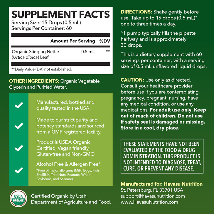 Stinging Nettle Leaf Extract Liquid Drops - USDA Organic - Immune Support and Prostate Health Supplement - 60 Servings - Vegan, Non-GMO, Gluten-Free