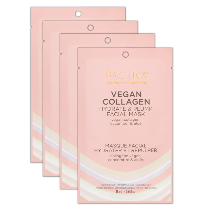 Pacifica Vegan Collagen Hydrate & Plump Face Mask 4-Pack  Hydrating & Plumping Peptide-Infused Sheet Mask for Dewy Skin, with Vegan Collagen, Cucumb
