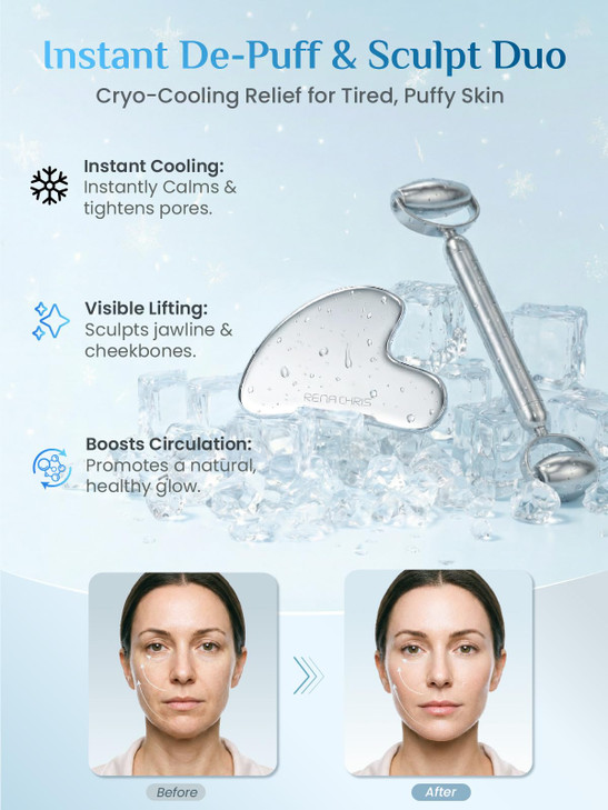 Rena Chris Gua Sha and Face Roller Set: Anti-Breakage Stainless Steel Roller for Long-Lasting Use, Jawline Sculpting and Puffiness Reducing, Gua Sha