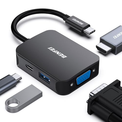 BENFEI USB C HUB 4in1, USB Type-C to HDMI VGA Adapter, USB C to USB Adapter, USB Type-C Power Delivery, Compatible with iPhone 15 Pro/Max, MacBook Pr