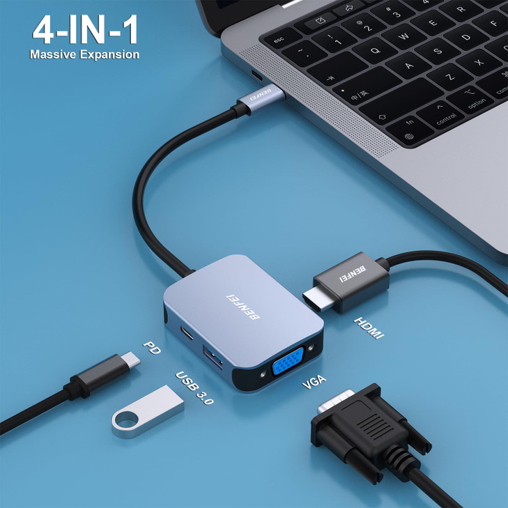 BENFEI USB C HUB 4-in-1, USB Type-C to HDMI VGA Adapter, USB C to USB Adapter, USB Type-C Power Delivery, Compatible with iPhone 15 Pro/Max, MacBook
