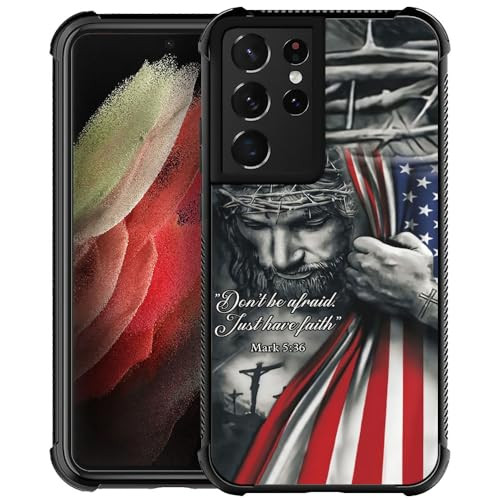 DAIZAG Case Compatible with Samsung Galaxy S21 Ultra,Premium Shock-Resistant Phone Case,Christian Jesus God Bless American Flag