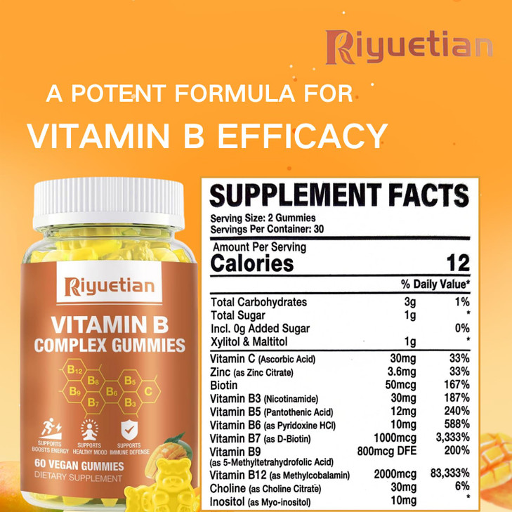 Riyuetian Vitamin B Complex with Vitamin  with Biotin,Choline + Inositol, Vitamin C + Zinc for Supports Energy, Mood, Immune, Healthy Hair, Skin 60