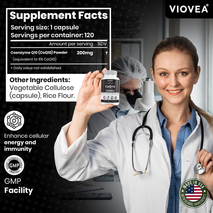 VIOVEA CoQ10 - Made in USA, 120 Capsules, 200mg (4-Month Supply), Ultra High Absorption Coenzyme Q10 Supplement - Antioxidant for Heart, Vascular Hea