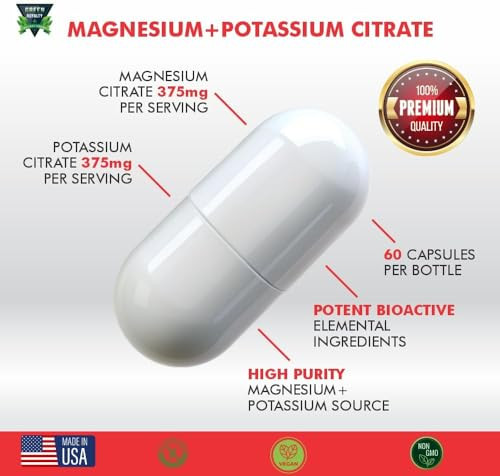 Magnesium Citrate + Potassium 60 Premium Vegan Capsules(Citrate 375 mg) + (375mg Potassium) Non GMO, Gluten Free - High Absorption Supplement Made in