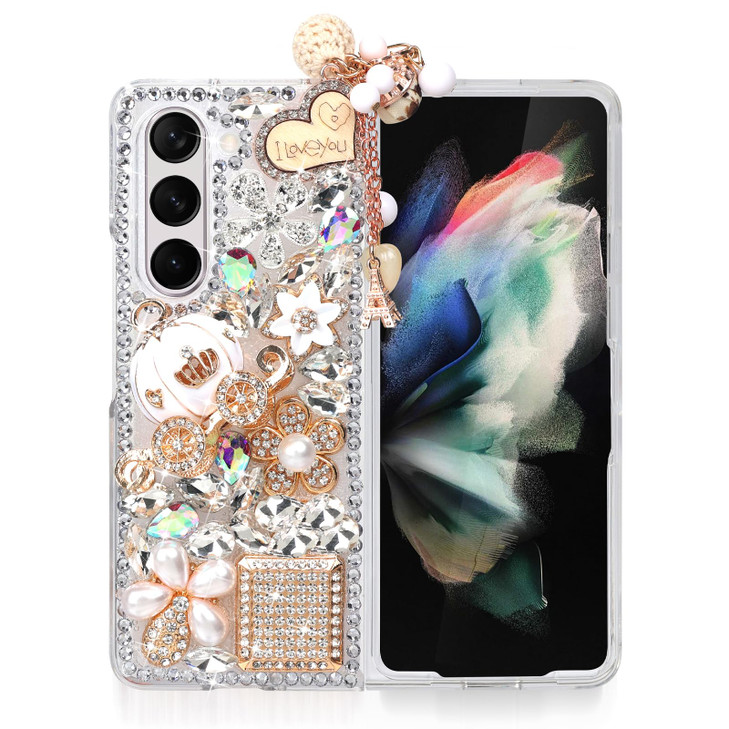 Omio for Galaxy Z Fold 6 5G Case Bling, Luxury 3D Handmade Sparkle Rhinestone Iron Tower Pendant Pumpkin Car Flowers Crystal Diamond Glitter Hard PC