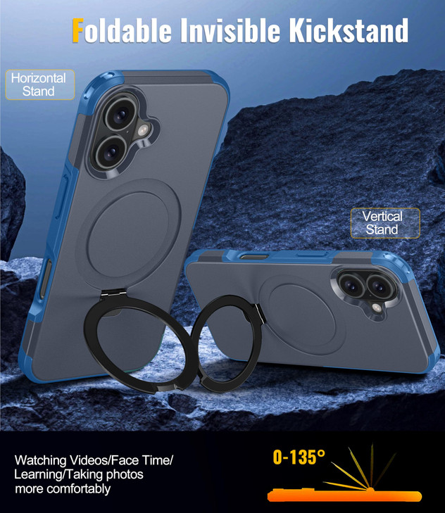 Oterkin Magnetic for iPhone 16 Case Compatible with MagSafe [Foldable Invisible Stand][Tempered Glass Screen Protector & HD Camera Lens Protector] 15
