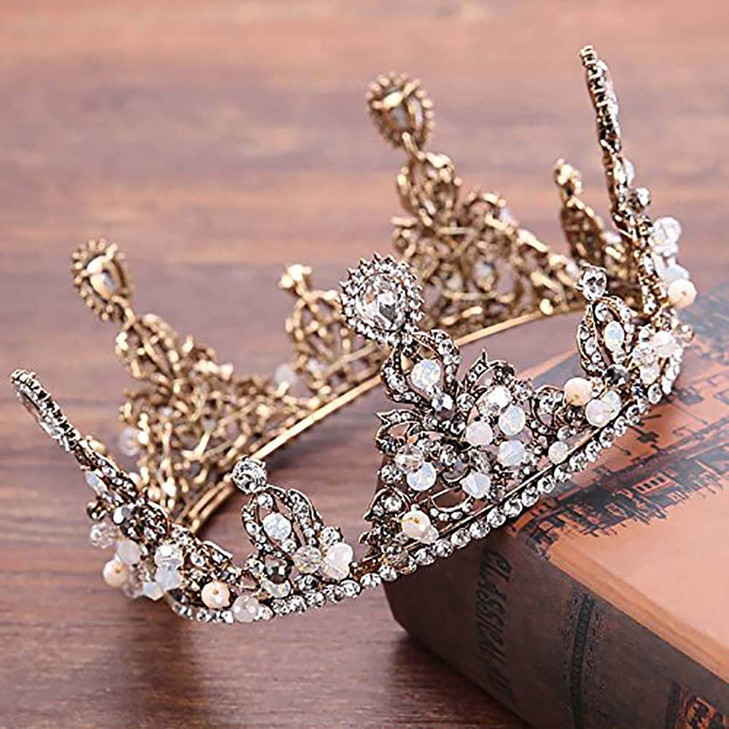 Fdesigner Baroque Crown Gold Wedding Bride Tiaras Crystal Decorative Hair Jewelry Vintage Hair Accessories Prom Headpiece for Women and Girls (Style