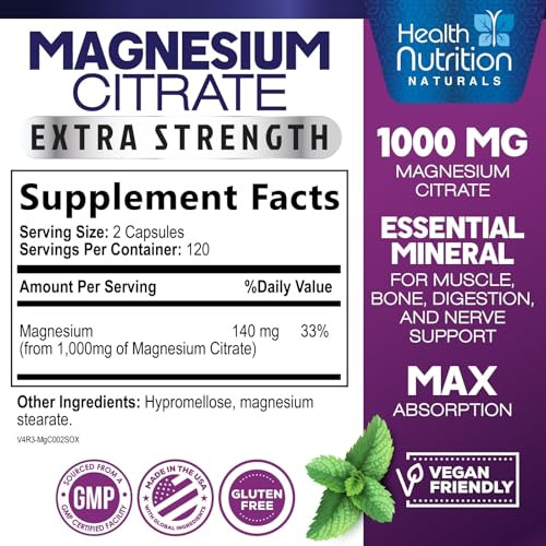 Magnesium Citrate Capsules 1000mg - Max Absorption Magnesium Powder for Muscle, Nerve, Bone and Heart Health Support, High Absorption Citrate Complex