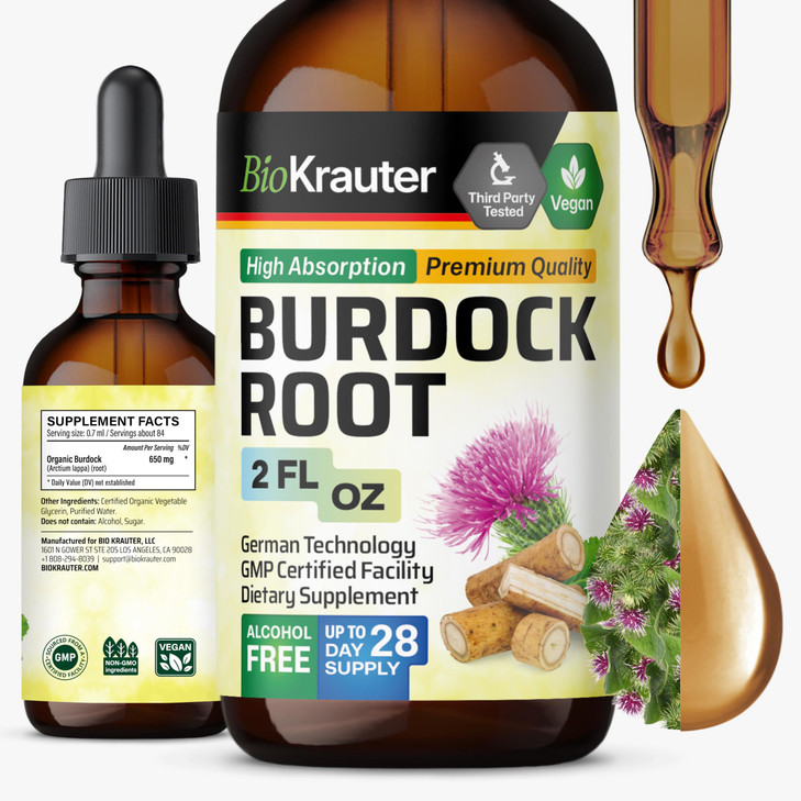 BIO KRAUTER® Burdock Root - Liquid Drops Arctium Extract 650 mg per Serving 2 Fl.Oz 28-Day Supply - Pure Vegan Burdock for Natural Cleanse & Detox, S