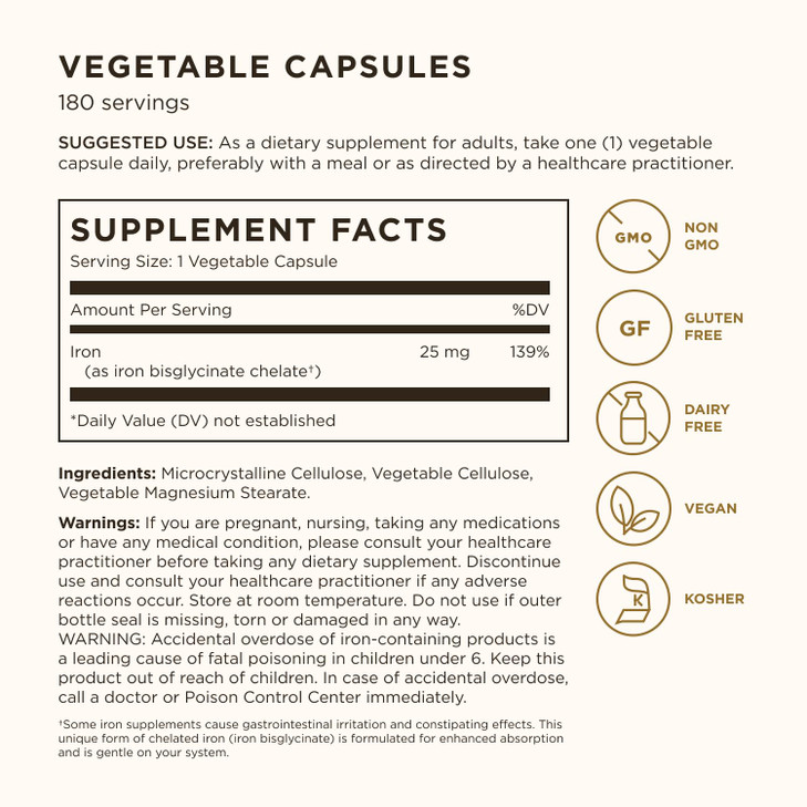 Solgar Gentle Iron, 180 Vegetable Capsules - Ideal for Sensitive Stomachs - Non-Constipating - Red Blood Cell Supplement - Non GMO, Vegan, Gluten-Fre